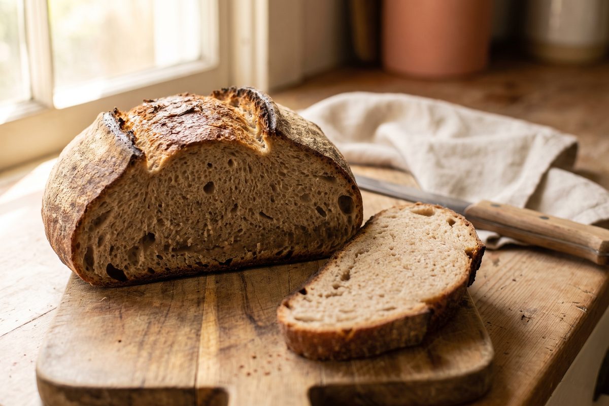 A sliced sourdough loaf on a wooden board showing a tight, dense crumb with few large holes