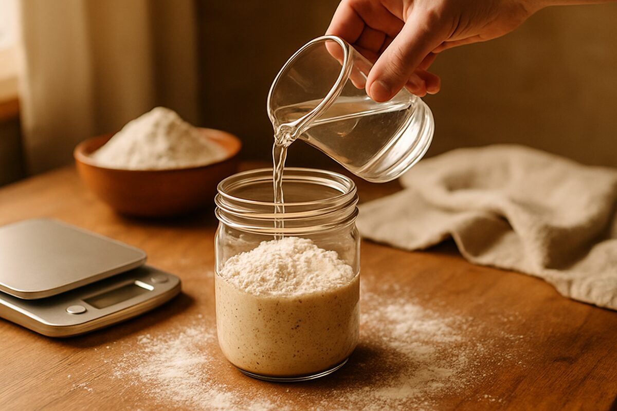 Fresh flour and water being added to a sourdough starter jar on a kitchen counter next to a scale