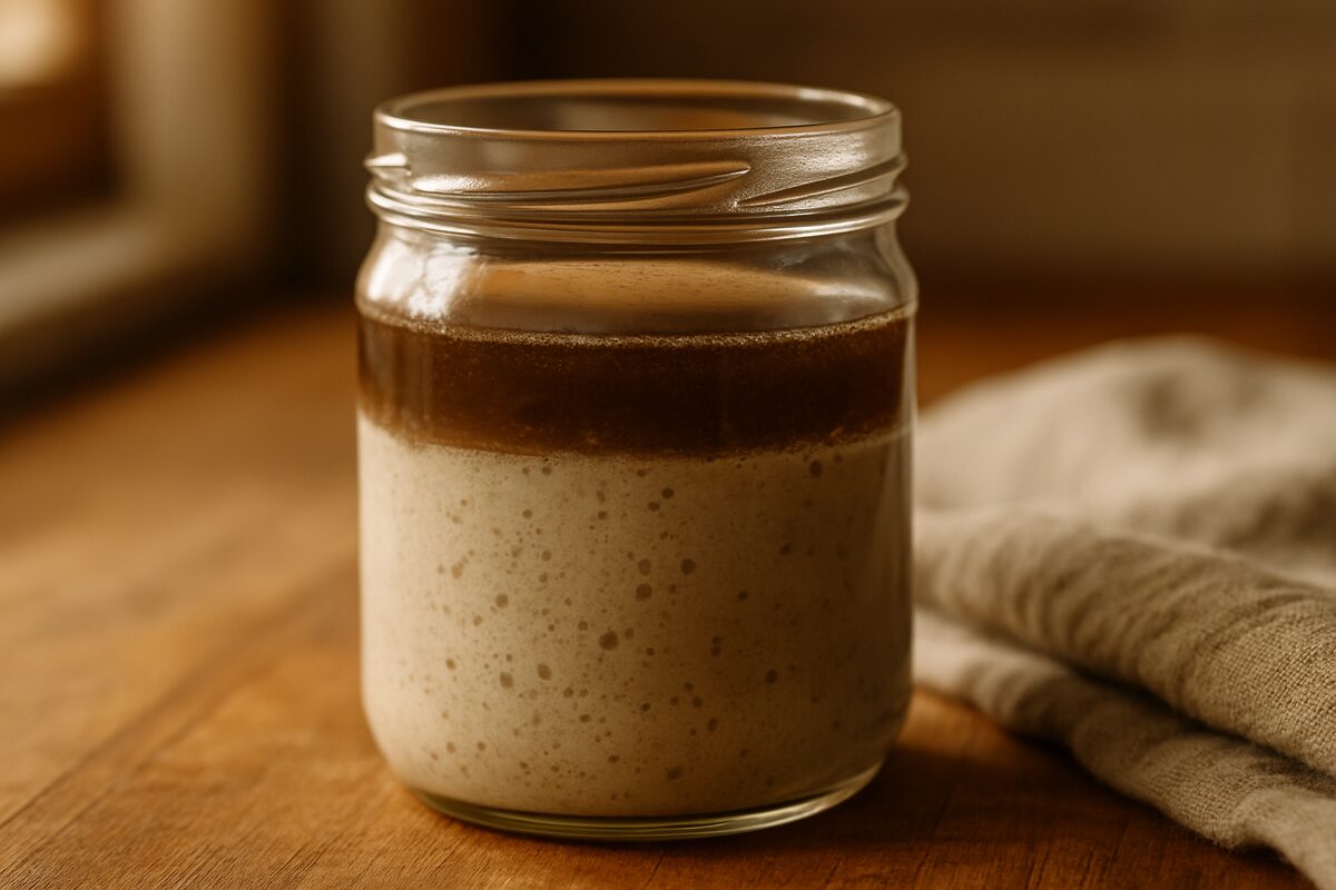 A dark gray-brown hooch layer sitting on top of a sourdough starter in a glass jar