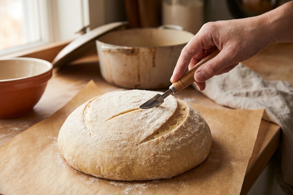 A hand using a lame to make one long shallow slash across the top of a floured sourdough loaf