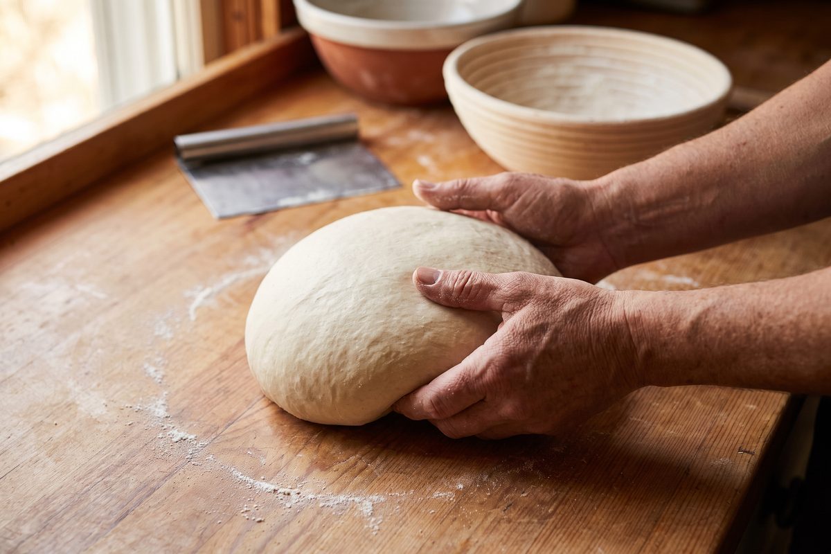 Two hands dragging a round sourdough dough across a wooden counter to build surface tension