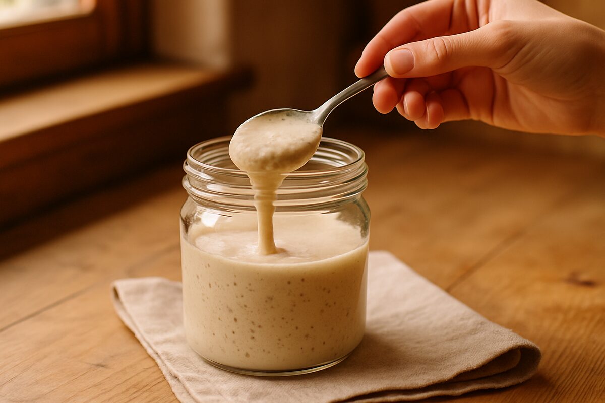 A jar of unfed sourdough discard being scooped with a spoon on a wooden counter