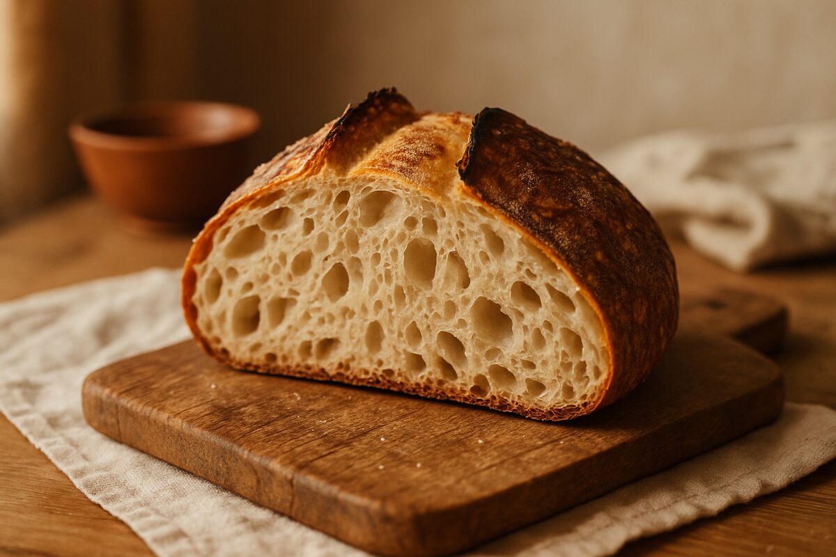 A rustic sourdough boule sliced open to show an open, airy crumb on a wooden board