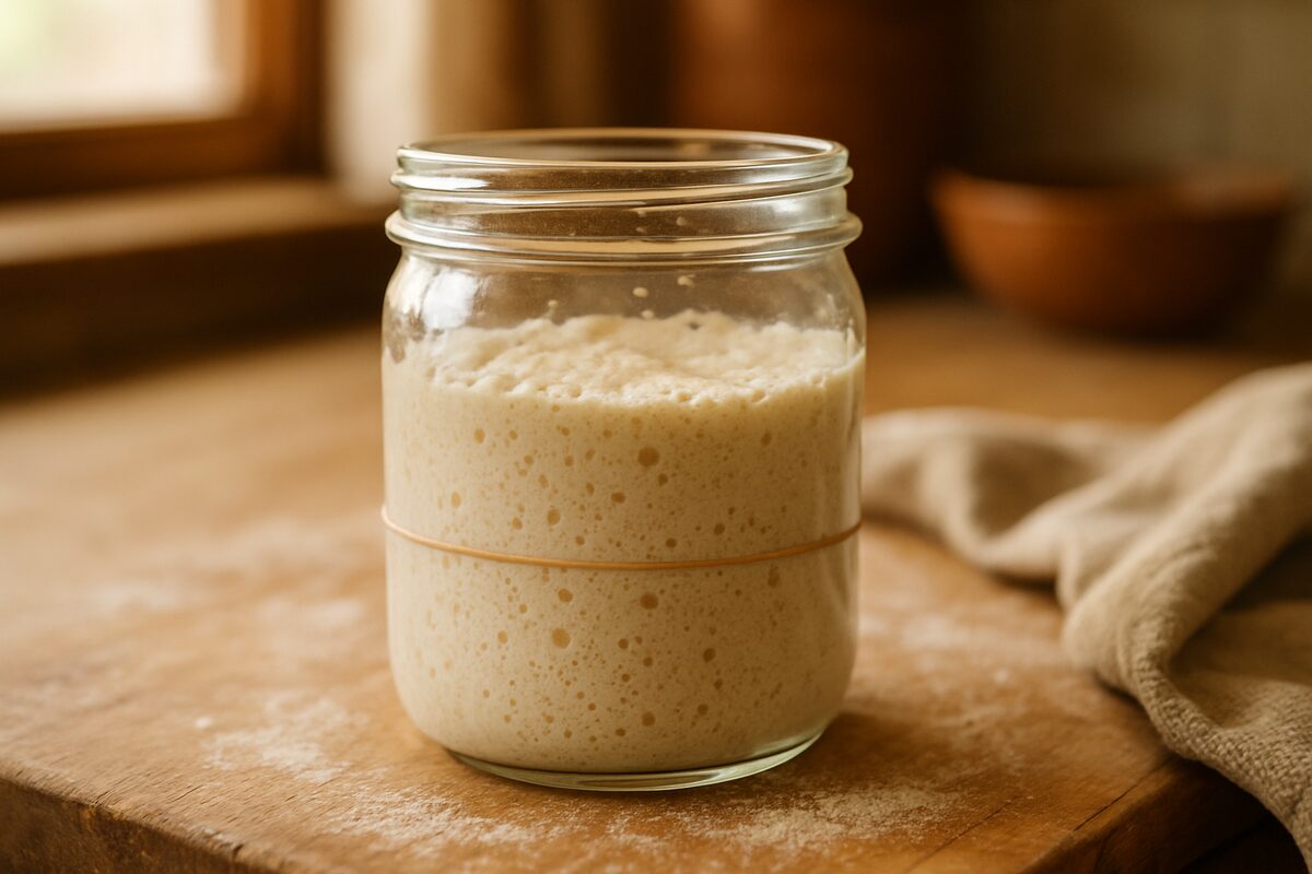 A glass jar of bubbly, active, doubled sourdough starter on a floured wooden counter with a rubber band marking the rise line