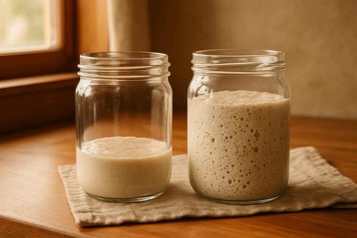 Two glass jars side by side, one holding flat sluggish sourdough starter and one holding risen bubbly starter