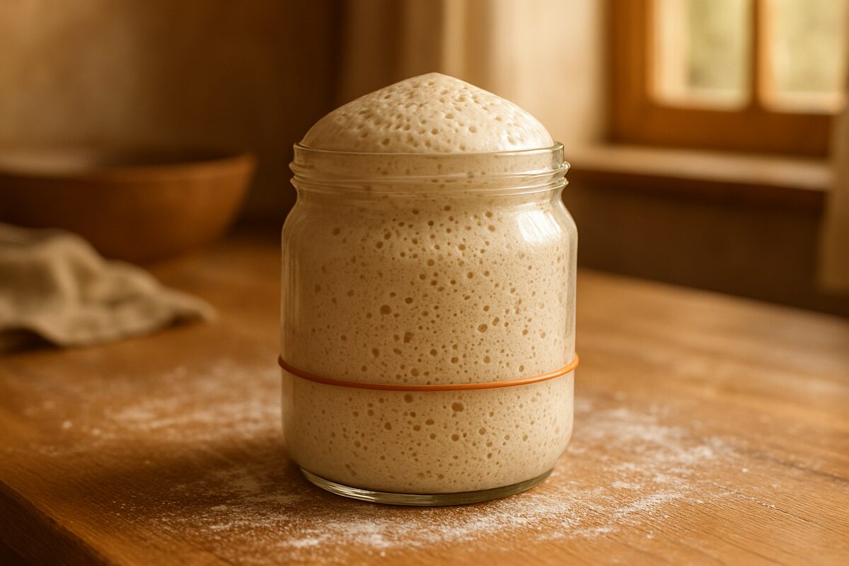 A jar of peaked sourdough starter, domed and full of bubbles, that has doubled above its rise-line rubber band