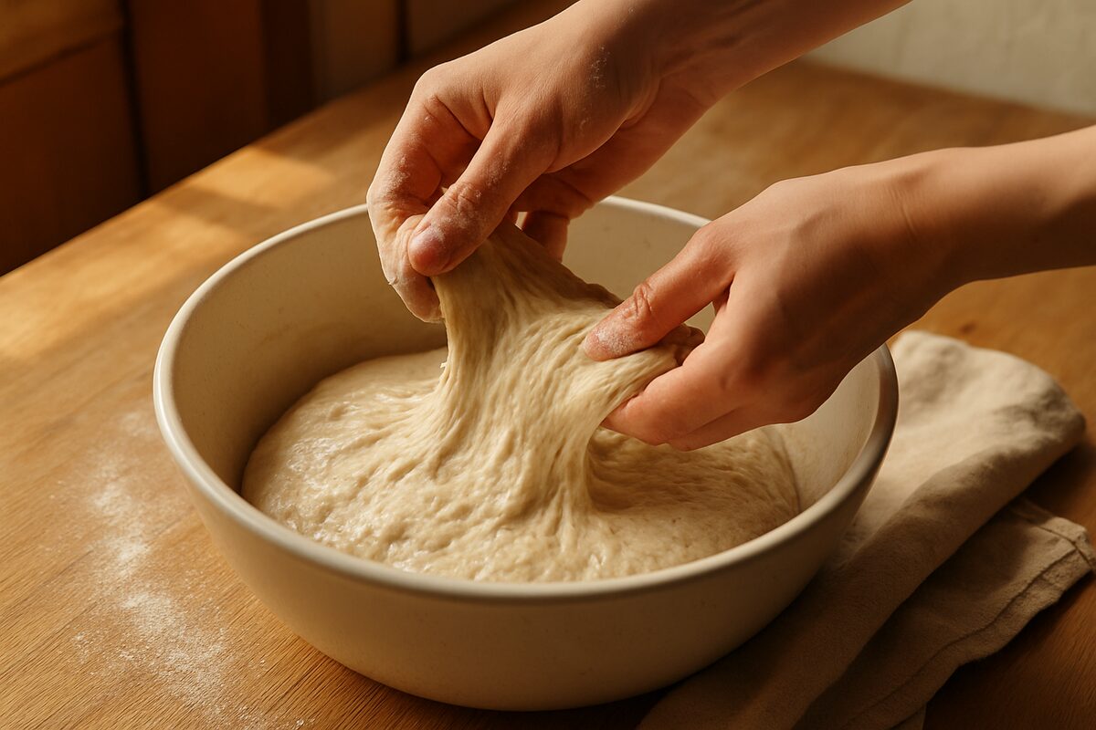 Hands gently stretching and folding sourdough dough in a bowl during bulk fermentation