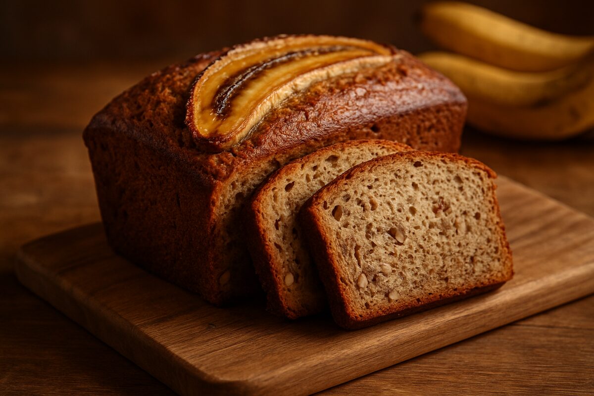 A sliced loaf of moist sourdough discard banana bread