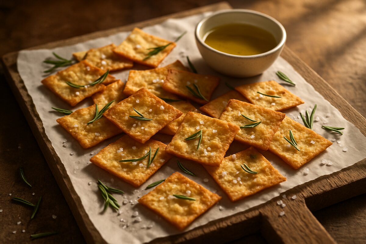 Thin, crispy sourdough discard crackers with flaky salt