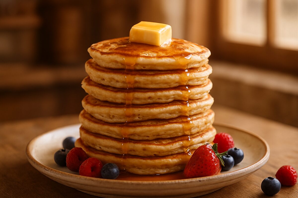 A stack of fluffy sourdough discard pancakes with butter and maple syrup