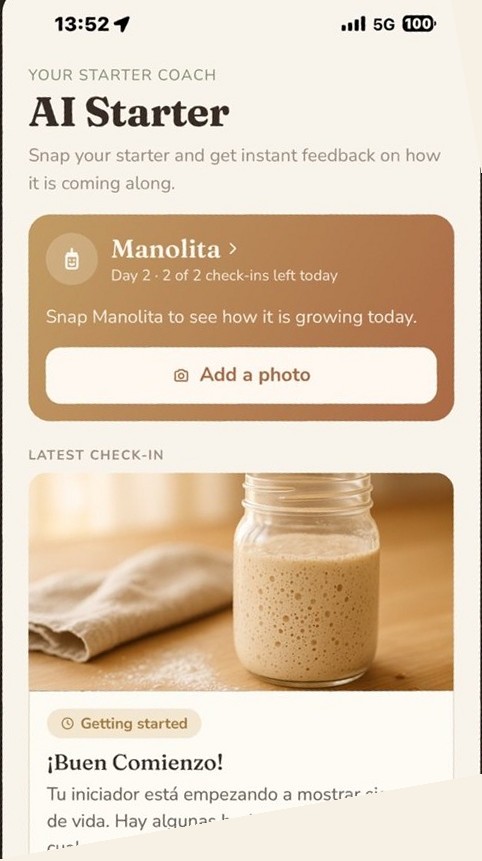 Sourdoughy app showing an AI check-in of a sourdough starter photo