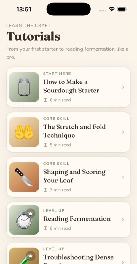 Tutorials screen: how to make a sourdough starter, stretch and fold, shaping and scoring